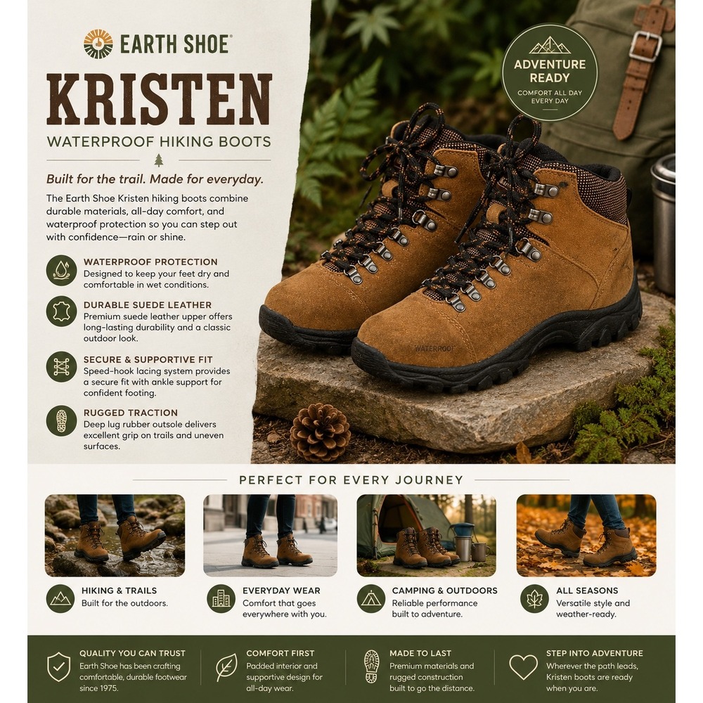 Earth Shoe Kristen Waterproof Hiking Boots Women's 6.5 Men's 4.5 Brown Suede